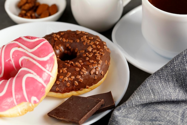 Donuts with coffee and milk breakfast milk and donuts