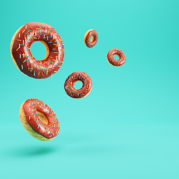 Donuts with glaze and colorful sprinkles on bright background with copy space