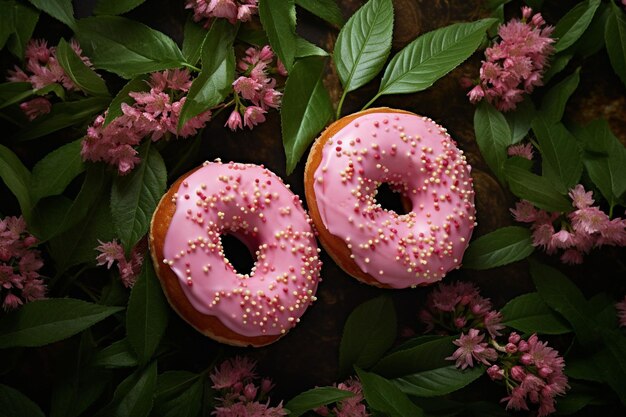 Donuts with a neon sign backdrop adding a pop of color and retro flair