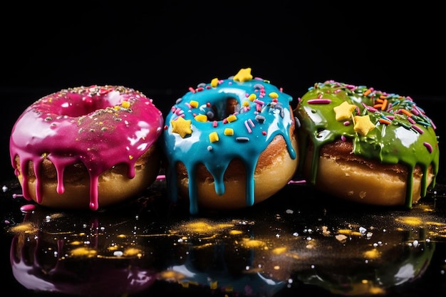 Donuts with neoncolored icing and glossy finishes