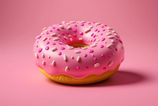 Donuts with pink icing and colorful sprinkles of sugar On a pink background generative ai