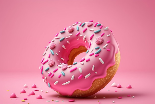 Donuts with pink icing and colorful sprinkles of sugar On a pink background generative ai