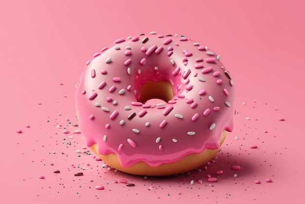 Donuts with pink icing and colorful sprinkles of sugar On a pink background generative ai