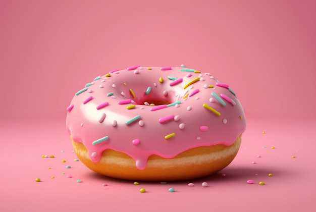 Donuts with pink icing and colorful sprinkles of sugar On a pink background generative ai