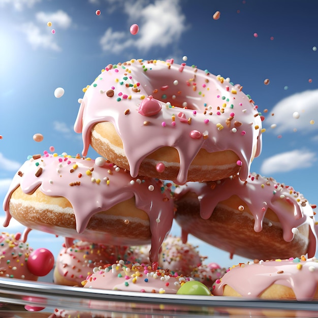 Photo donuts with pink icing and sprinkles flying in the blue sky