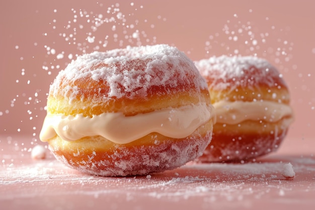 Donuts with sugar and cream close up Pink background