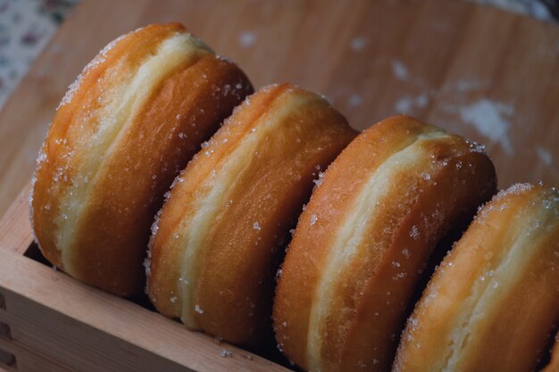 Donuts in wooden box