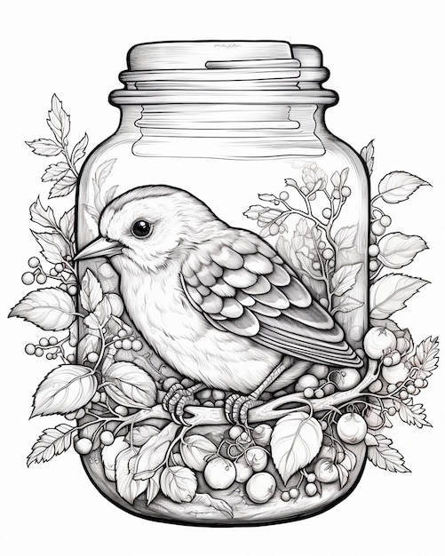 Doodle Drawing of a Bird in Jar with Berries