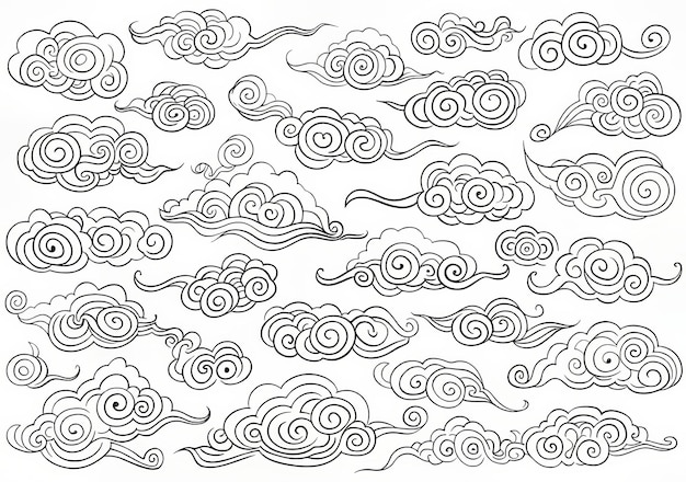 Photo doodle drawing collection set with white isolated background featuring oriental japanese or chinese cloud ornaments