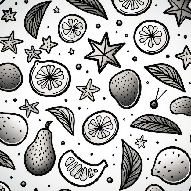 Doodle fruits Natural tropical fruit doodles citrus orange and vitamin lemon Vegan kitchen apple hand drawn