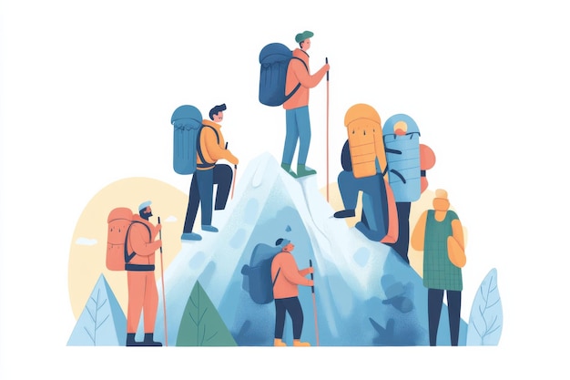 Photo doodle of a group of climbers ascending a mountain simple illustration cute design centered composition pastel colors white background