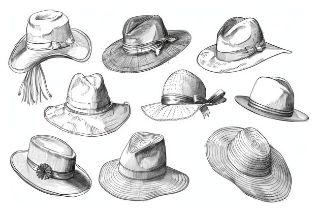 Doodle hats set bonnet beret fedora linear drawings collection