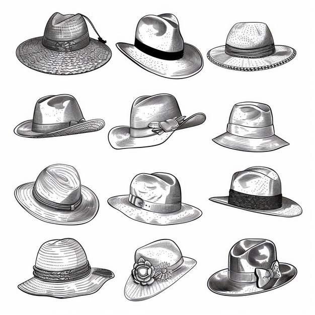 Doodle hats set bonnet beret fedora linear drawings collection