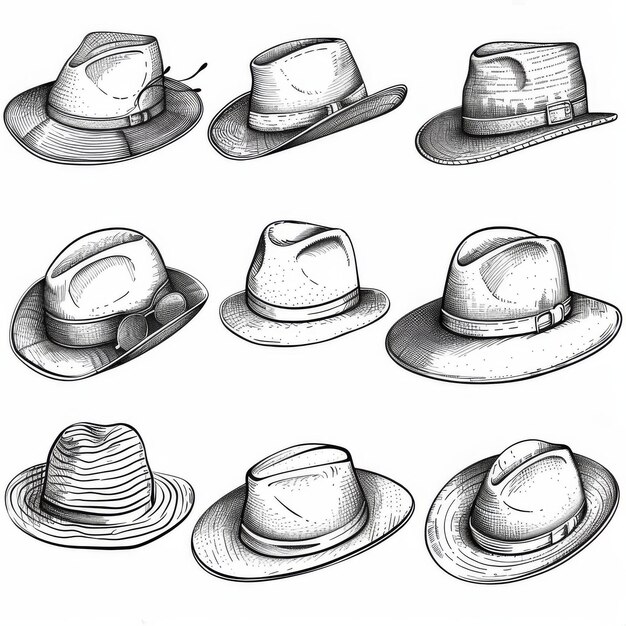 Doodle hats set bonnet beret fedora linear drawings collection