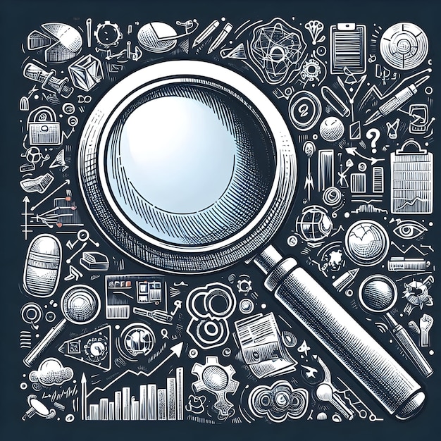 Photo doodle line icon of magnifying glass for analysis and investigation in business research photo rea