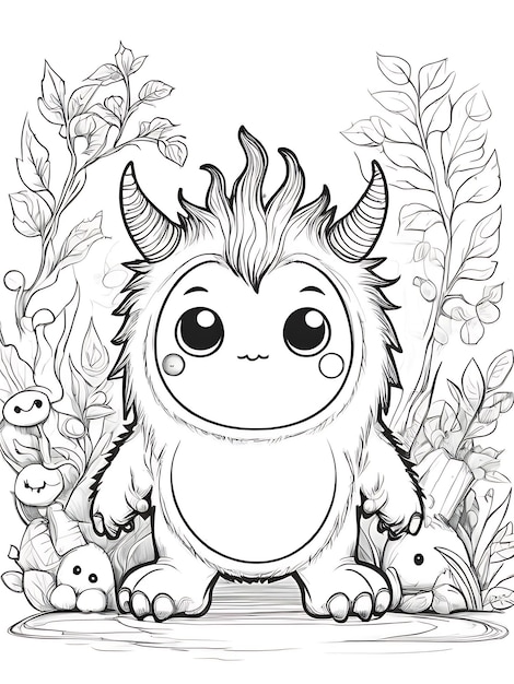 Doodle monster sketch line smoothly outline coloring page white background ai generated