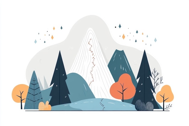 Photo doodle of a mountain landscape with climbing routes marked simple illustration cute design centered composition pastel colors white background