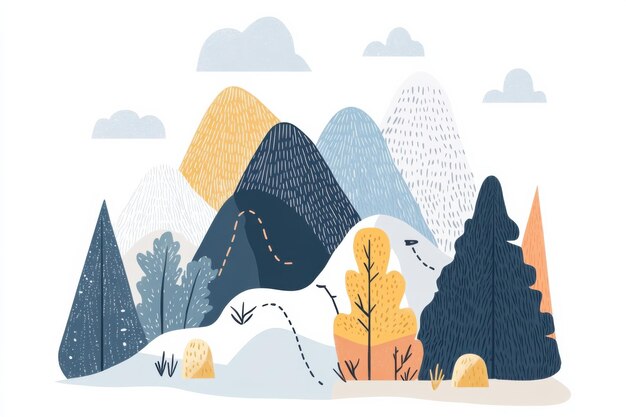 Photo doodle of a mountain landscape with climbing routes marked simple illustration cute design centered composition pastel colors white background