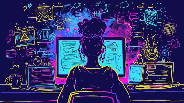 Photo doodle of a person in front of a computer with floating objects like code snippets and programming icons symbolizing a coding tuto