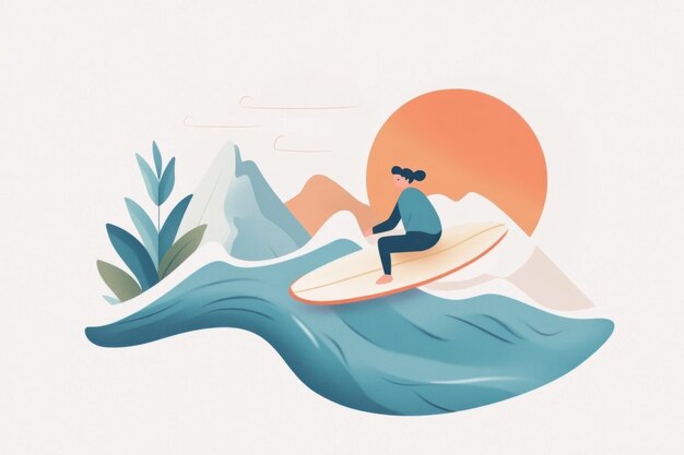 Photo doodle of a person paddling out to sea on a surfboard simple illustration cute design centered composition pastel colors white background