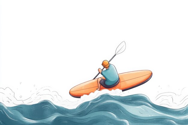 Photo doodle of a person paddling out to sea on a surfboard simple illustration cute design centered composition pastel colors white background