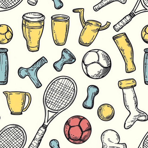 Photo doodle sports icons with ball cup dumbbell tennis racket hand drawn seamless pattern with sport games