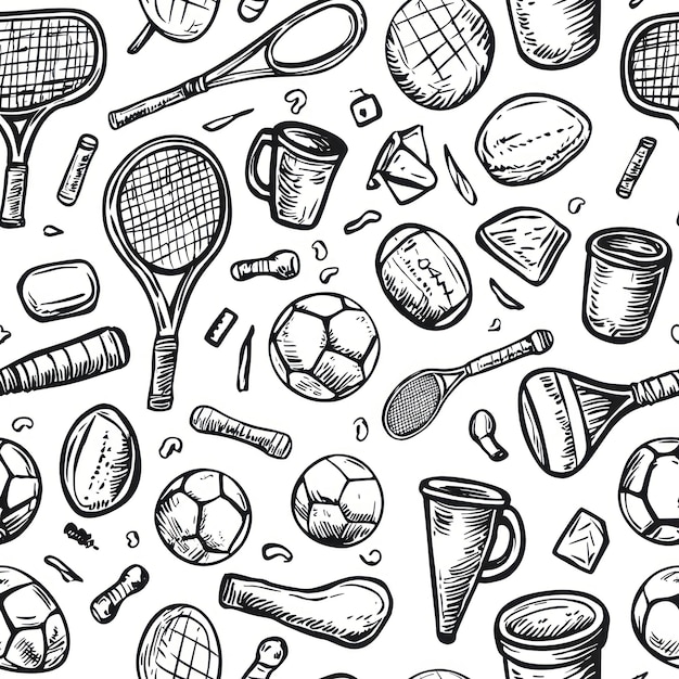 Photo doodle sports icons with ball cup dumbbell tennis racket hand drawn seamless pattern with sport games