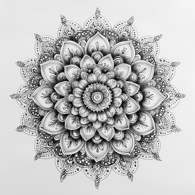 Doodleinspired mandala with creative freeflowing lines and detailed patterns black ink