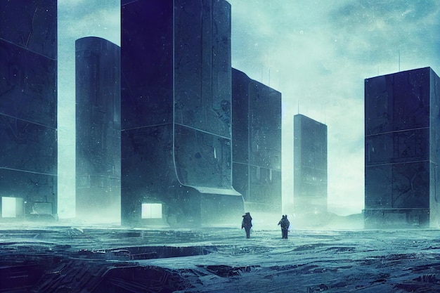 Dooms day headquarter of an evil corporationturn the future to dystopyAntarctica scifi research station snow base illustration designFuture war conceptAI Neural Network Computer Generated Art