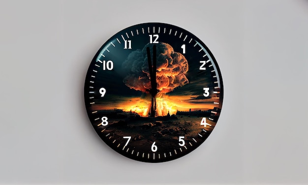 Doomsday clock showing 90 seconds to midnight against nuclear war background Generating Ai