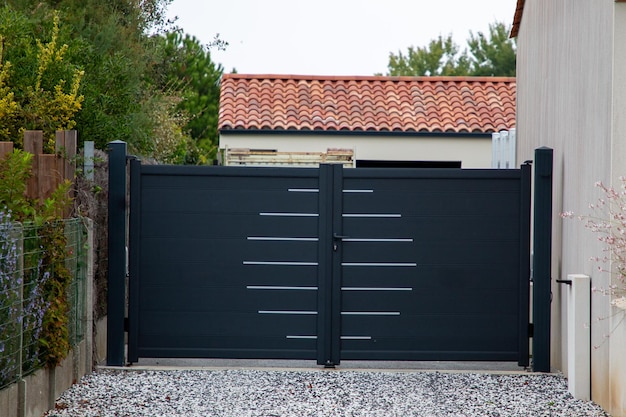 Door black access aluminum gray gate and double portal grey of suburb house