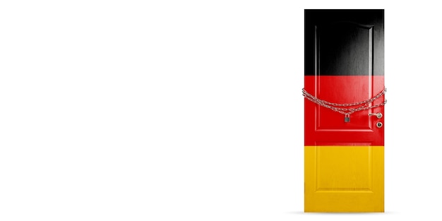 Door colored in Germany national flag, locking with chain. Countries lockdown during coronavirus, COVID spreading. Concept of medicine and healthcare. Worldwide epidemic, quarantine. Copyspace.