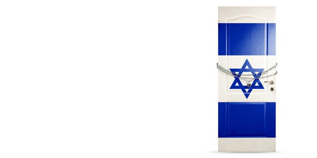 Door colored in Israel national flag, locking with chain. Countries lockdown during coronavirus, COVID spreading. Concept of medicine and healthcare. Worldwide epidemic, quarantine. Copyspace.