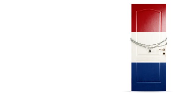 Door colored in Netherlands national flag, locking with chain. Countries lockdown during coronavirus, COVID spreading. Concept of medicine and healthcare. Worldwide epidemic, quarantine. Copyspace.