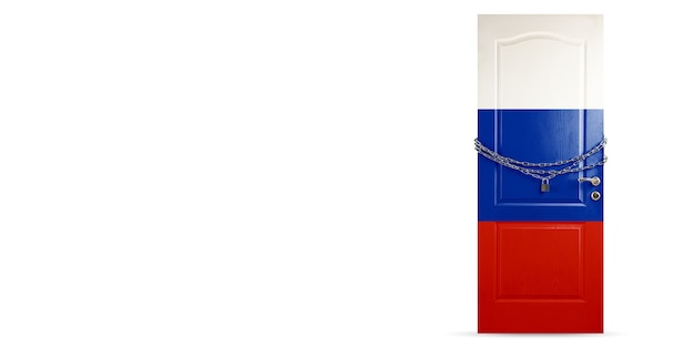 Door colored in Russia national flag locking with chain Countries lockdown during coronavirus