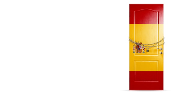 Door colored in Spain national flag locking with chain Countries lockdown