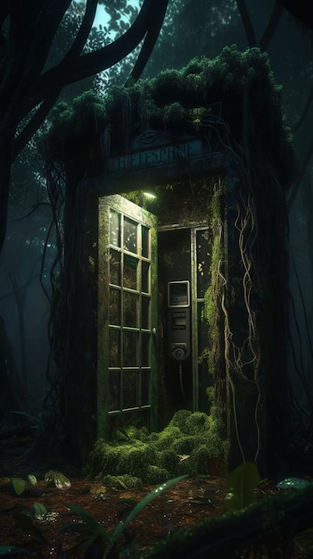 A door in a dark forest with a green light on it.