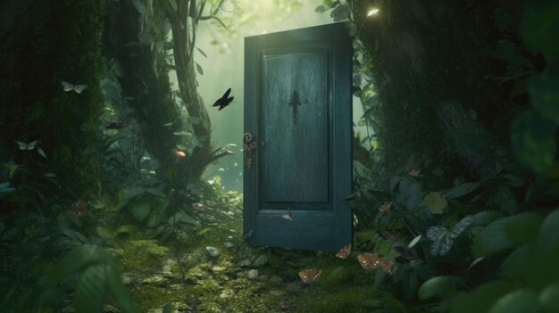 A door in a forest with a butterfly on the top