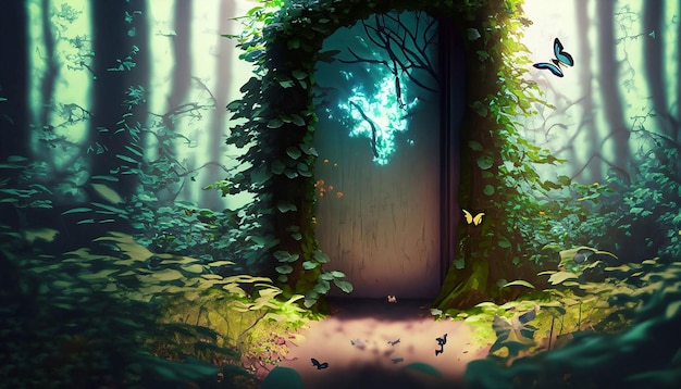 A door in the forest with a light on it