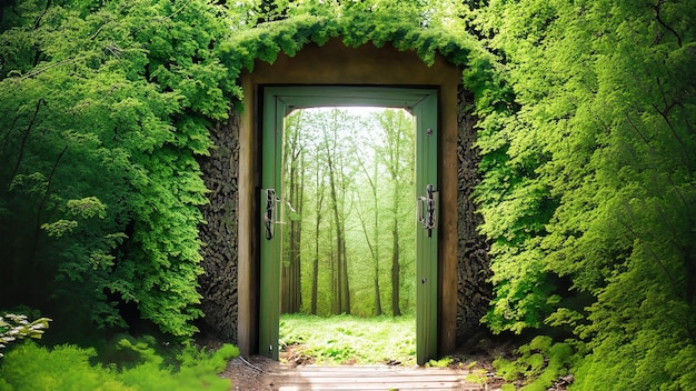 door in the green forest