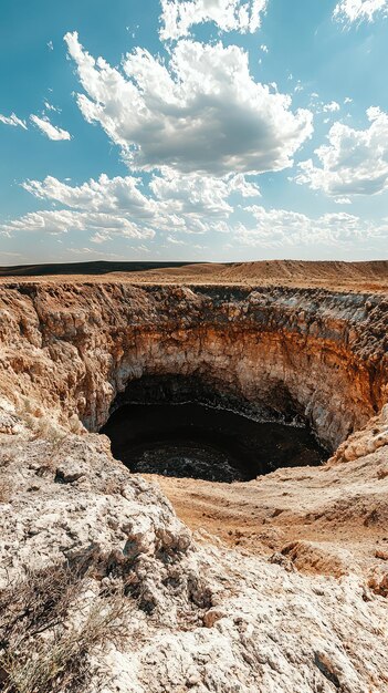 Photo door to hell gas crater in turkmenistan is fascinating geological feature showcasing dramatic landscape with rugged cliffs and deep dark opening vast sky above adds to awe inspiring view making i