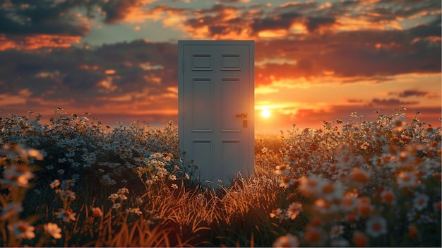 A door is open in a field of flowers with the sun setting in the background The scene is serene an