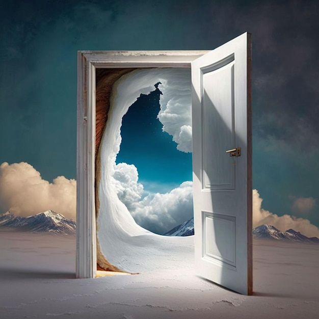 A door is open to the sky and the sky is blue.