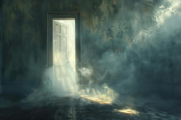 A door is opened in the wall of an empty room with smoke coming out from behind it