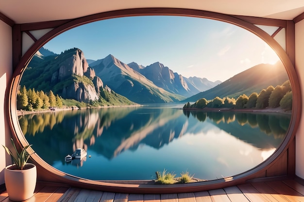 A door to a lake with mountains in the background