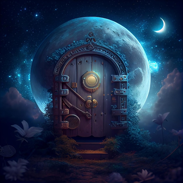 Door in the middle of a field with a moon in the background generative ai