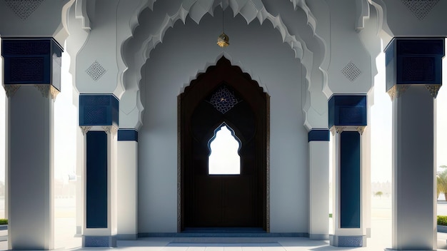 A door in a mosque with a window in the middle