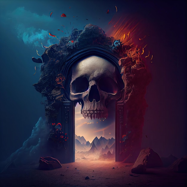 Door to mystical paradise or gate of hell with skull