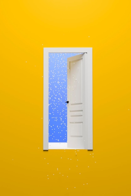 Door open to winter Snow outside 3d rendering