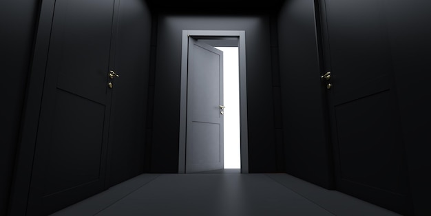 Door Opening to the brilliant Future Light shines from door opening in dark room 3D render